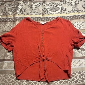 Ultra Flirt Burnt Orange Button-Down Tie-Front Top